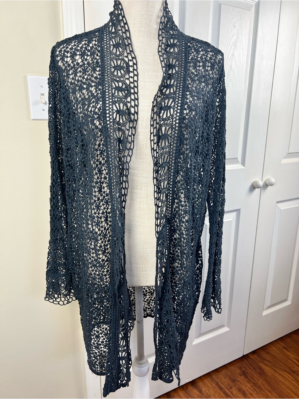 Johnny Was Dark Navy Blue Crochet Knit Duster Cardigan Open Front Boho Jacket S